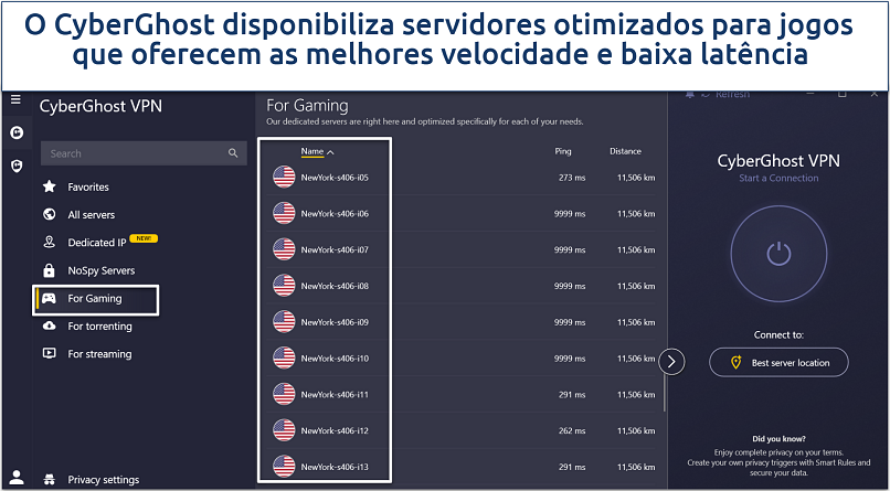 Screenshot of CyberGhost's gaming servers