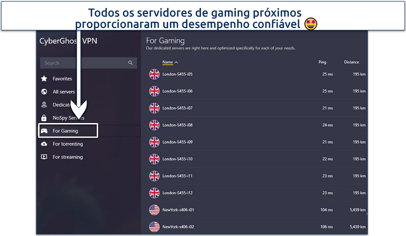 Screenshot of CyberGhost's gaming servers
