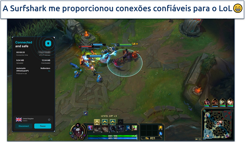 Screenshot of LoL gameplay with Surfshark connected