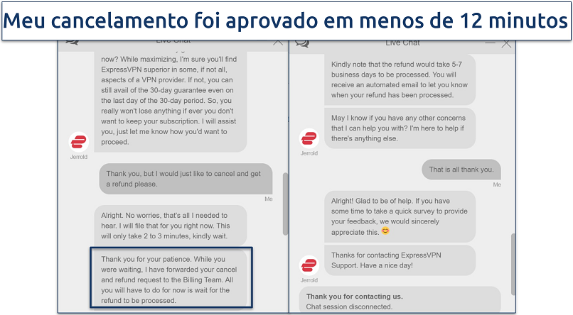 Screenshot of a conversation with ExpressVPN customer support where they approved our cancellation and refund