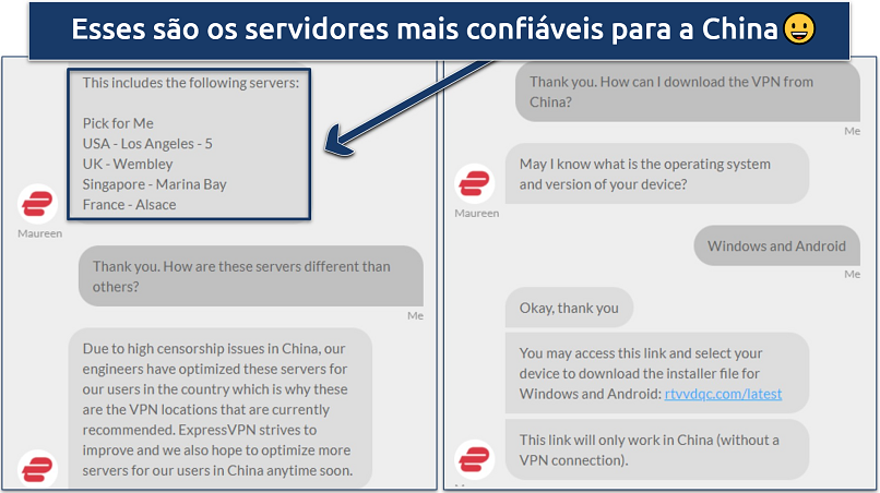 Screenshot showing a conversation with ExpressVPN live chat support regarding the VPN use in China
