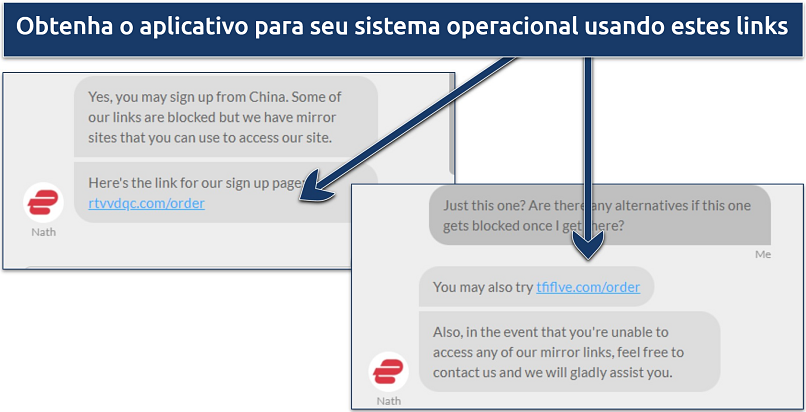 Screenshot showing a conversation with ExpressVPN live char support regarding its mirror URLs for China