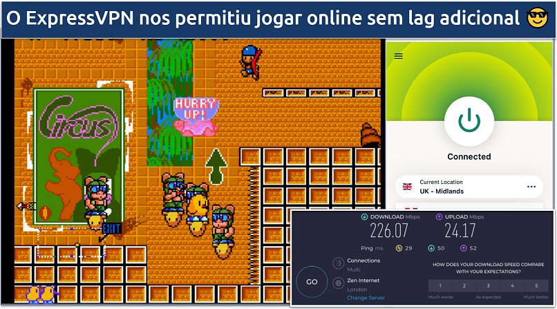 Screenshot showing the ExpressVPN app connected to a UK server over a retro game
