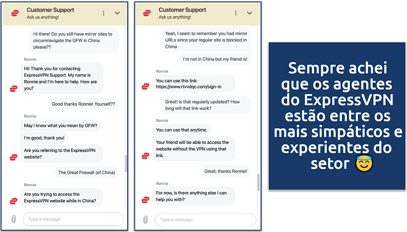 Screenshot showing a chat with the ExpressVPN customer service