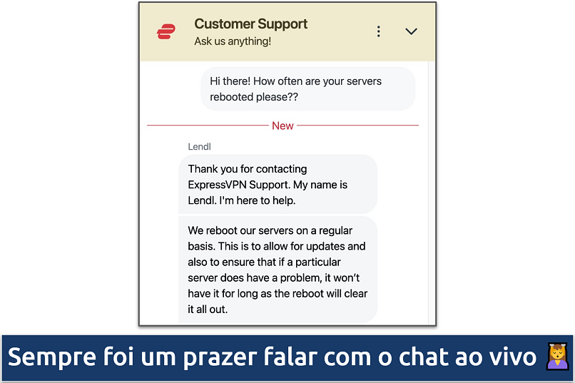 Screenshot showing a chat with the ExpressVPN Customer Support team