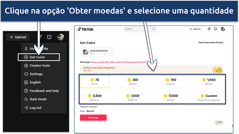 A screenshot showing how to access TikTok's Coin purchase screen