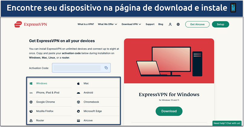 Captura de tela da página de download de aplicativos da ExpressVPN