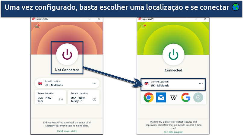 Captura de tela do aplicativo ExpressVPN para Windows conectado a um servidor do Reino Unido