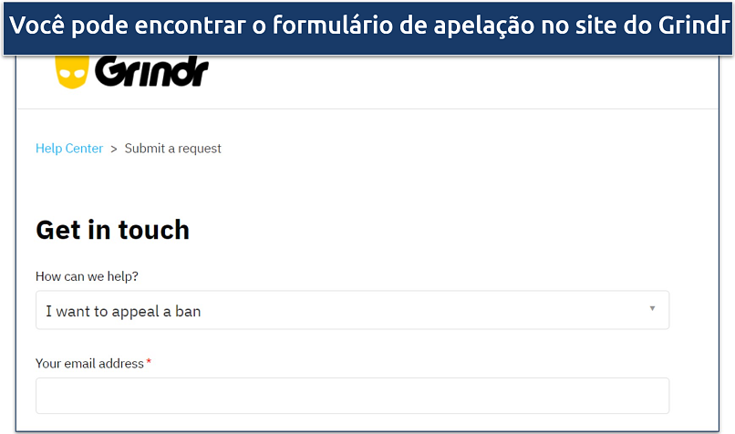 Screenshot of Grindr's website showing the appeal form