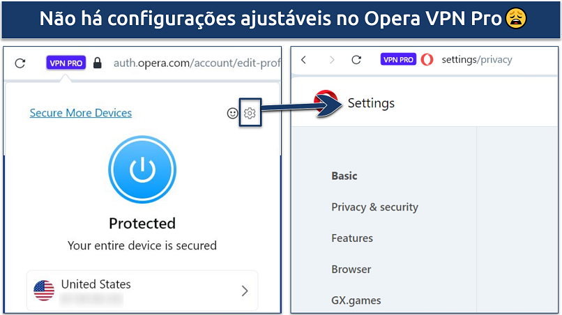 Captura de tela da UI do Opera VPN Pro no Windows destacando as 