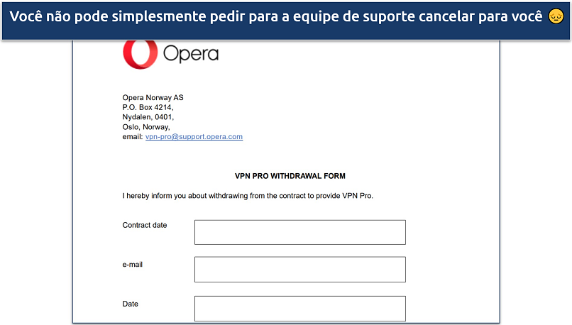 Screenshot do formulário de desistência disponível no site da Opera