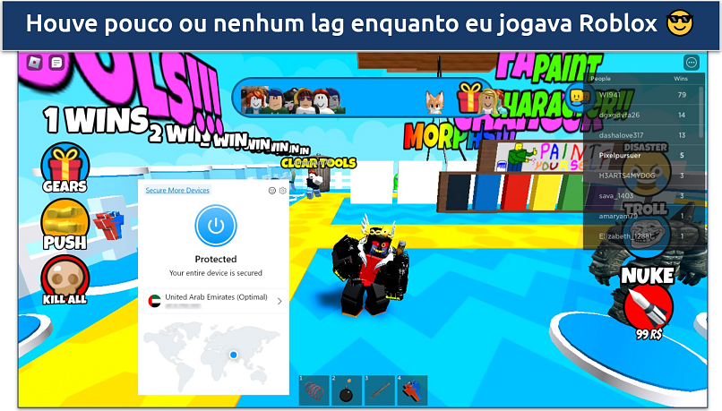 Captura de tela de Roblox sendo jogado enquanto conectado ao servidor dos EAU do Opera VPN Pro