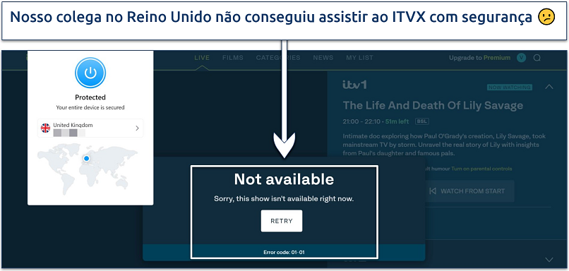 Captura de tela do player ITVX exibindo uma mensagem de erro quando nosso avaliador tentou assisti-lo enquanto conectado ao servidor do Reino Unido do Opera VPN Pro