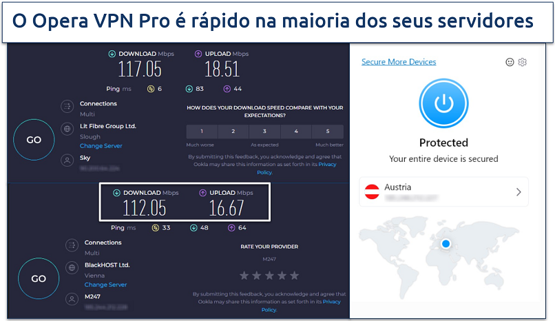 Screenshot de um teste de velocidade mostrando taxas não conectadas à VPN vs conectadas a um servidor próximo na Áustria