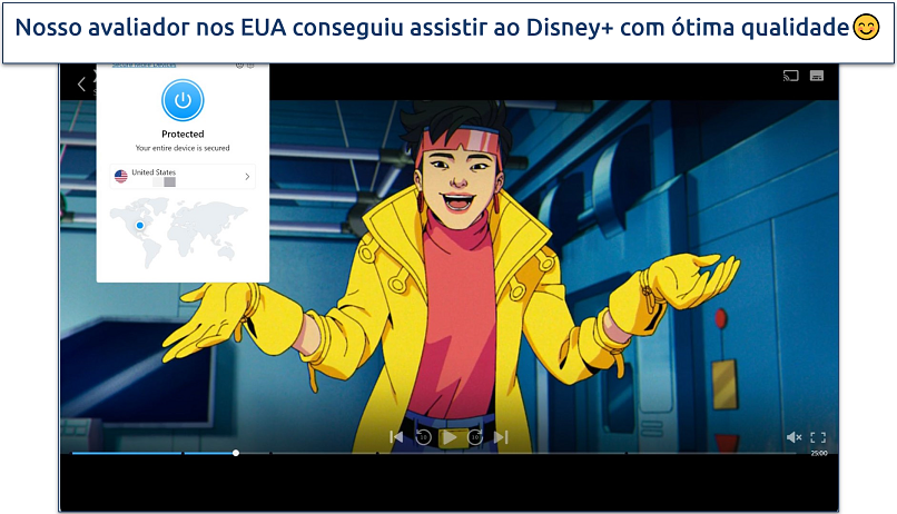 Captura de tela do player do Disney+ transmitindo X-Men 97 enquanto conectado a um servidor do Opera VPN Pro