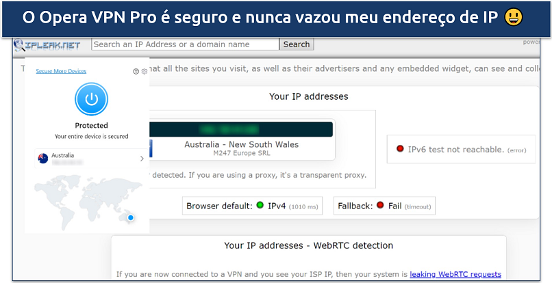 Captura de tela dos testes feitos no ipleak.net enquanto conectada a um servidor Opera VPN Pro da Austrália