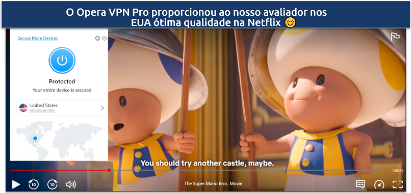 Captura de tela do player da Netflix transmitindo o filme Super Mario Bros enquanto conectado a um servidor do Opera VPN Pro nos EUA