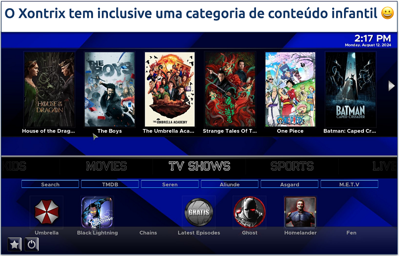 Screenshot showing the Xontrix Kodi build TV shows page