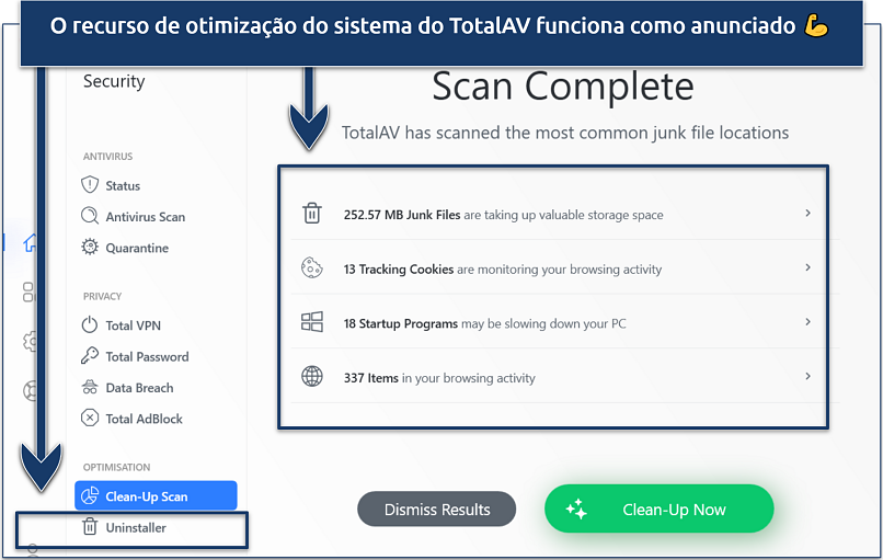 A screenshot showing that TotalAV's optimization tools work as advertised