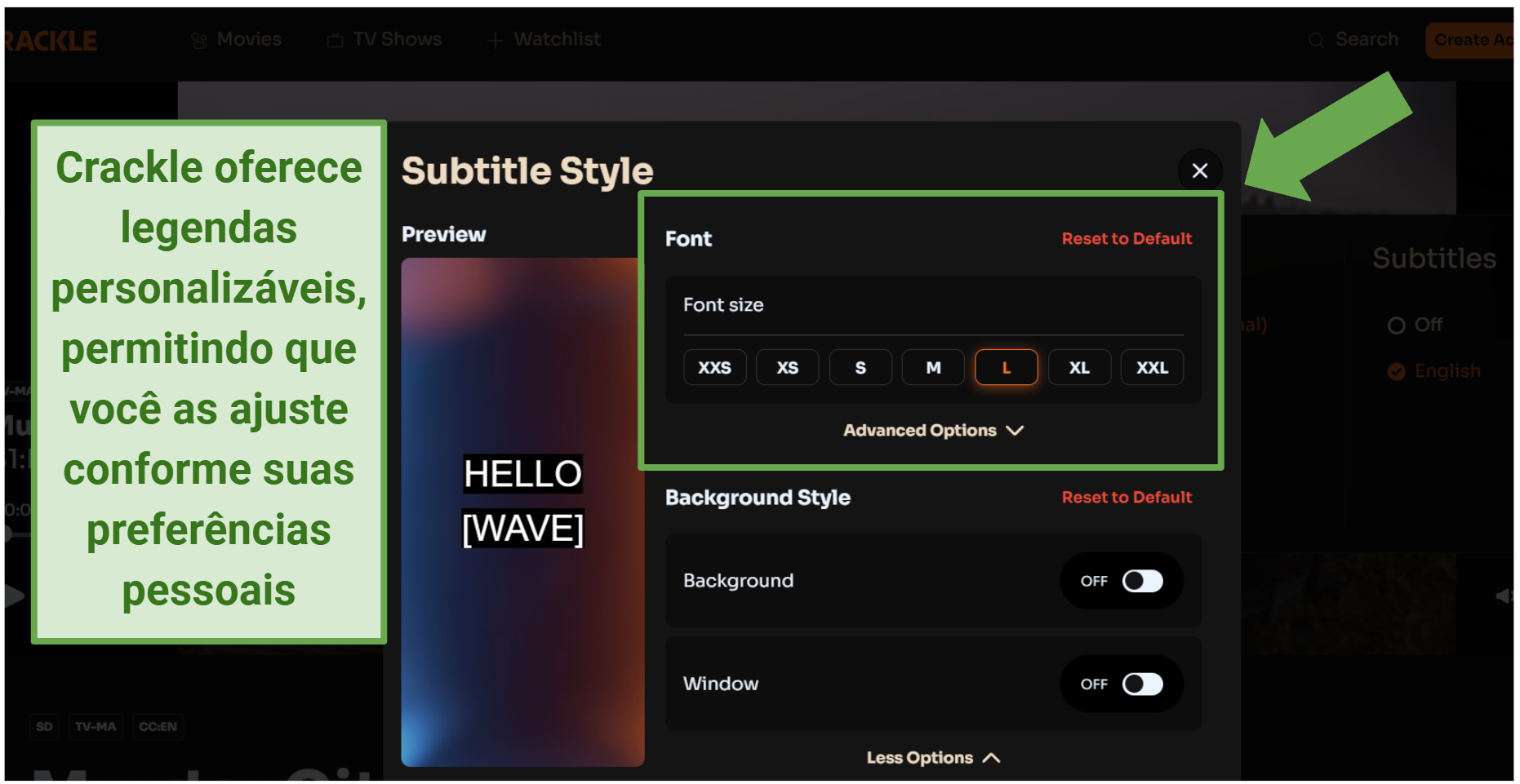 Screenshot of Crackle subtitle customization options