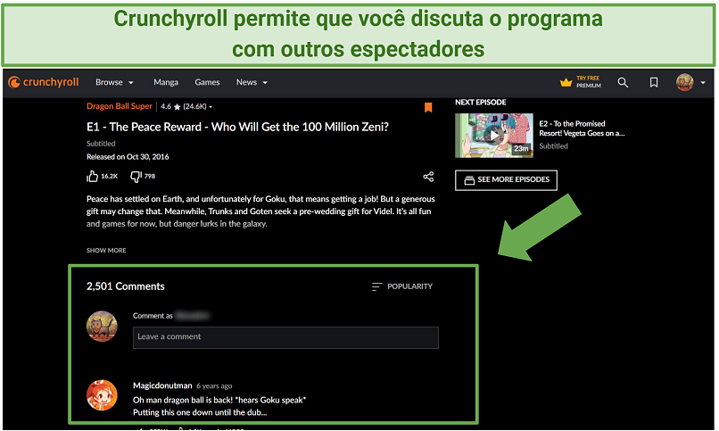 Screenshot of Crunchyroll's comment section