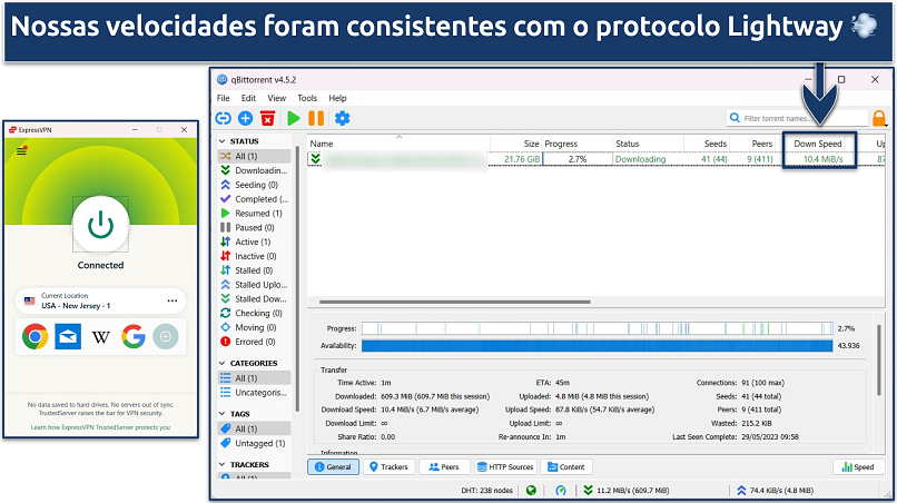 Screenshot showing fast torrent downloads with ExpressVPN