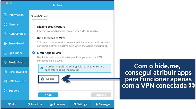 Screenshot showing how to limit apps to VPN on the hide.me app