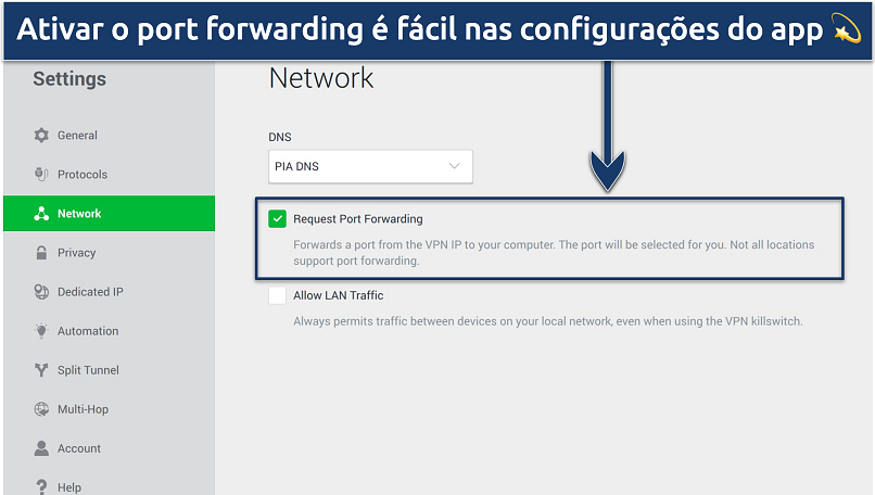 Screenshot showing how to activate PIA's port forwarding