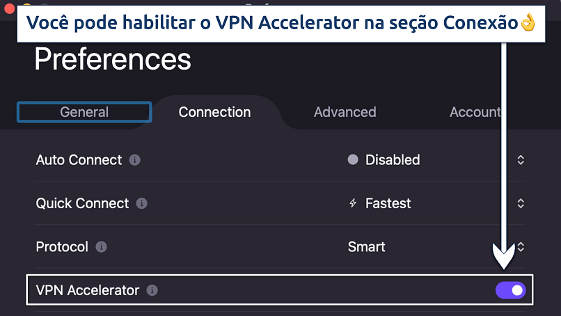 Screenshot showing how to activate VPN Accelerator on Proton VPN's Preferences panel