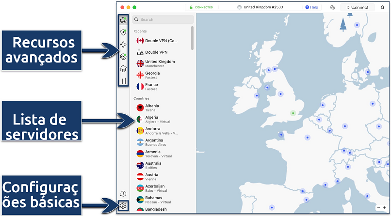 Screenshot showing the NordVPN app