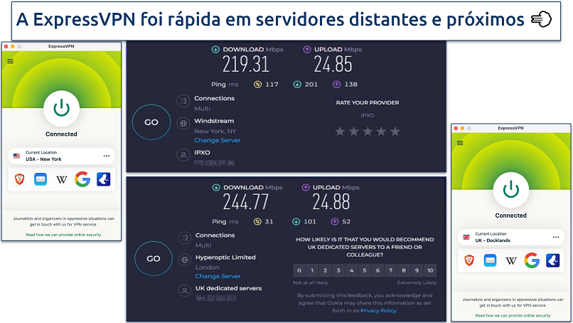 Screenshot showing the ExpressVPN app alongside online speed tests