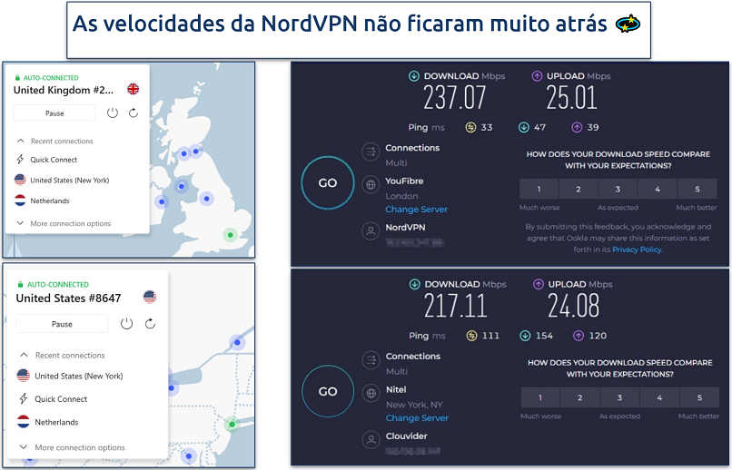 Screenshot showing the NordVPN app alongside online speed tests