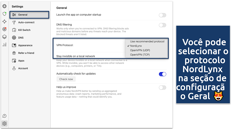 Screenshot of the NordVPN General Settings