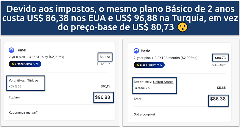 Screenshot of the NordVPN tax comparison in Turkey and the US