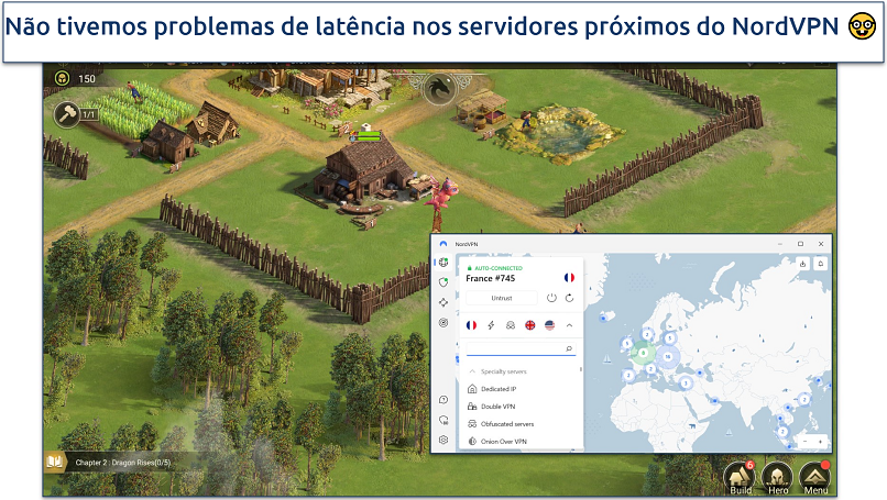 A screenshot of Rise of Empires: Ice and Fire while connected to a NordVPN server in France