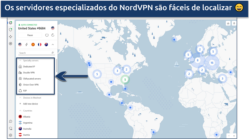 A screenshot of NordVPN's map interface highlighting the specialty servers