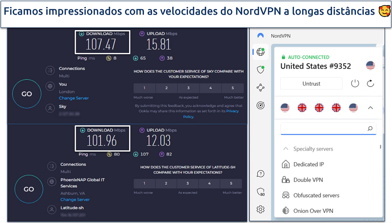 Speed test results for NordVPN showing a baseline speed in the UK and a small speed drop connected to a server in the US