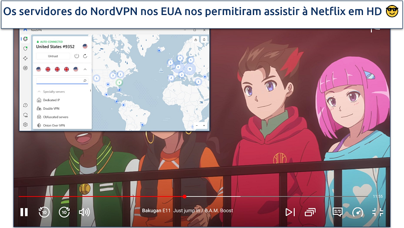 A screenshot of Bakugan playing on Netflix while connected to NordVPN