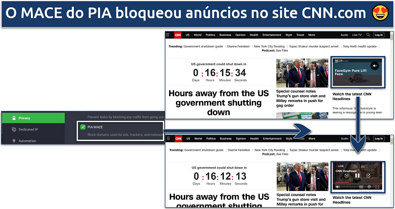 A screenshot of PIA's MACE blocking ads on CNN.com