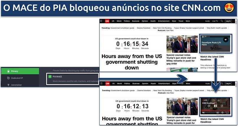 A screenshot of PIA's MACE blocking ads on CNN.com