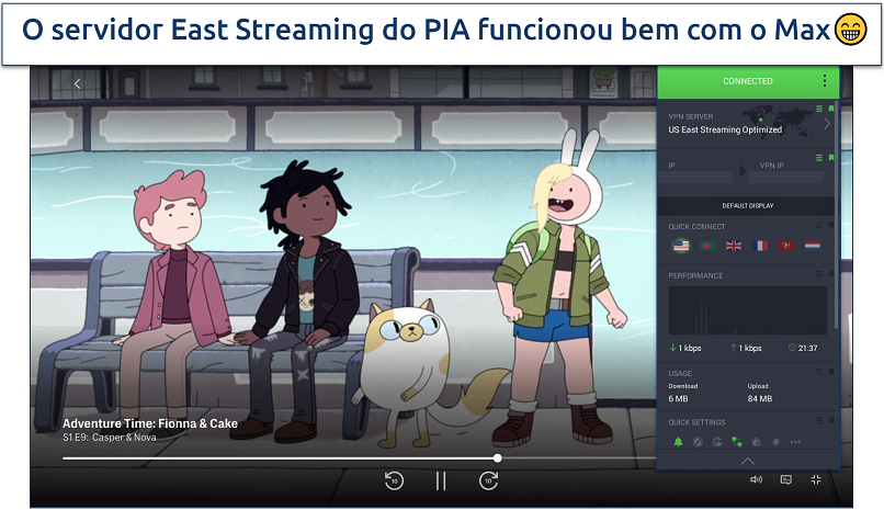 A screenshot of Adventure Time: Fionna & Cake playing on Max while connected to PIA