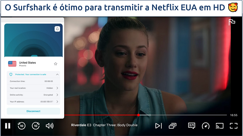 Een screenshot van Netflix streaming met Surfshark verbonden met een Amerikaanse server