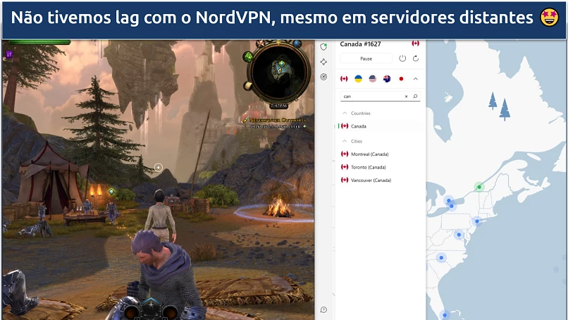 Een screenshot van Neverwinter verbonden met de Canadese server van NordVPN