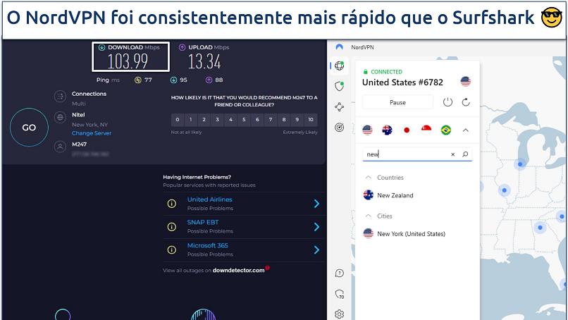 Een screenshot van een snelheidstest met de Amerikaanse server van NordVPN