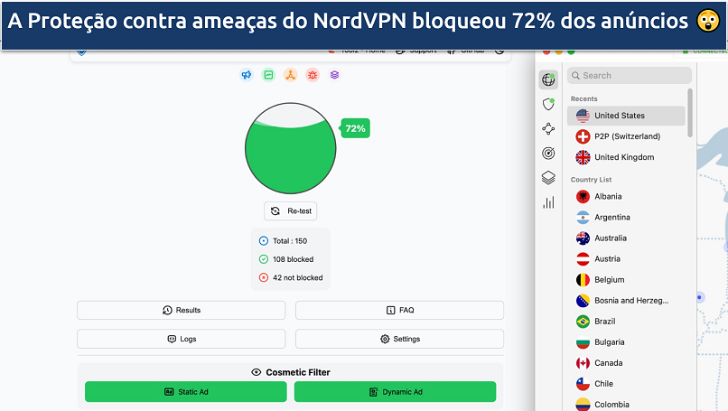 Een screenshot van een adblocker test tijdens het gebruik van Threat Protection van NordVPN