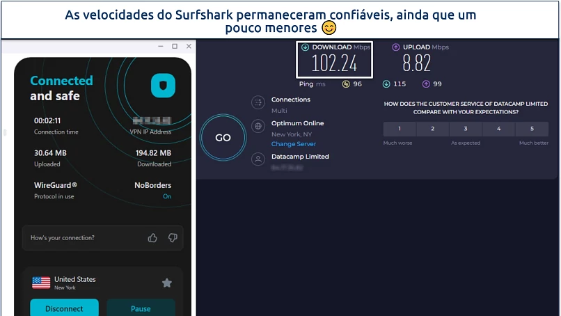 Een screenshot van een snelheidstest met Surfshark's US server