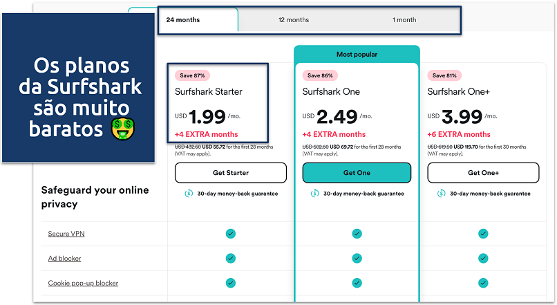 Screenshot of Surfshark's pricing page