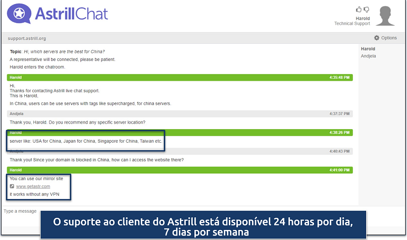 Screenshot of a conversation with Astrill live chat support regarding VPN use in China