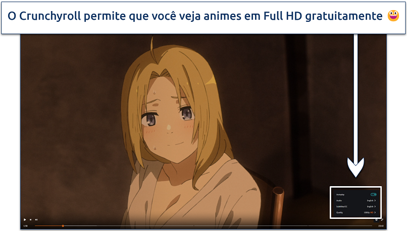 Uma captura de tela mostrando o player de streaming do Crunchyroll