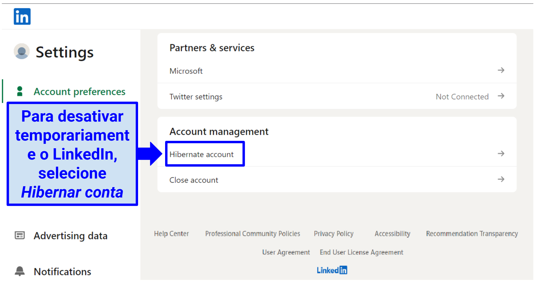 Screenshot of LinkedIn settings with hibernation highlighted